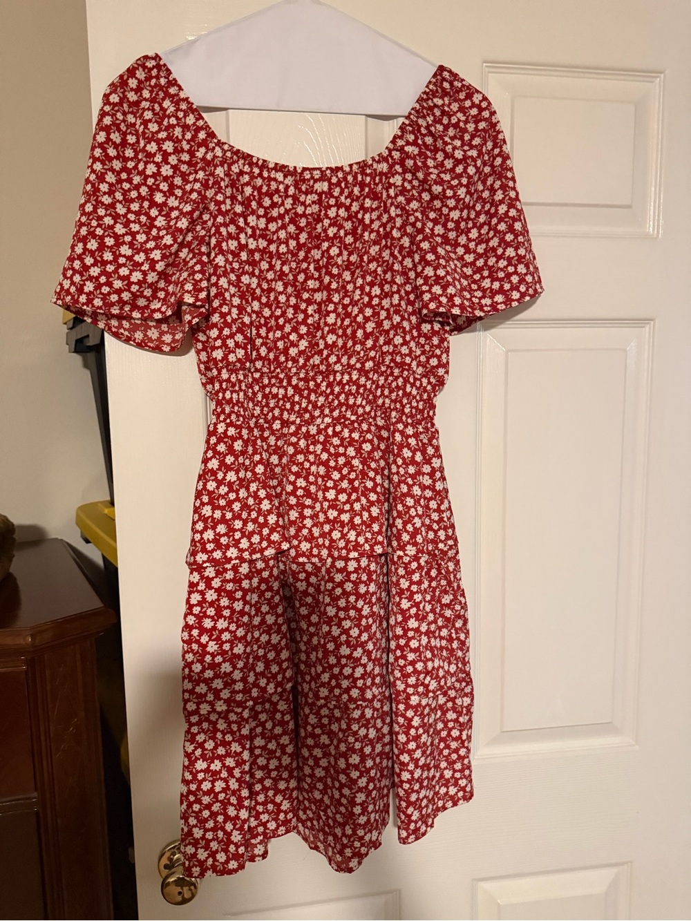 Red Floral Mini Dress with Smocked Waist - Picture 2 of 5